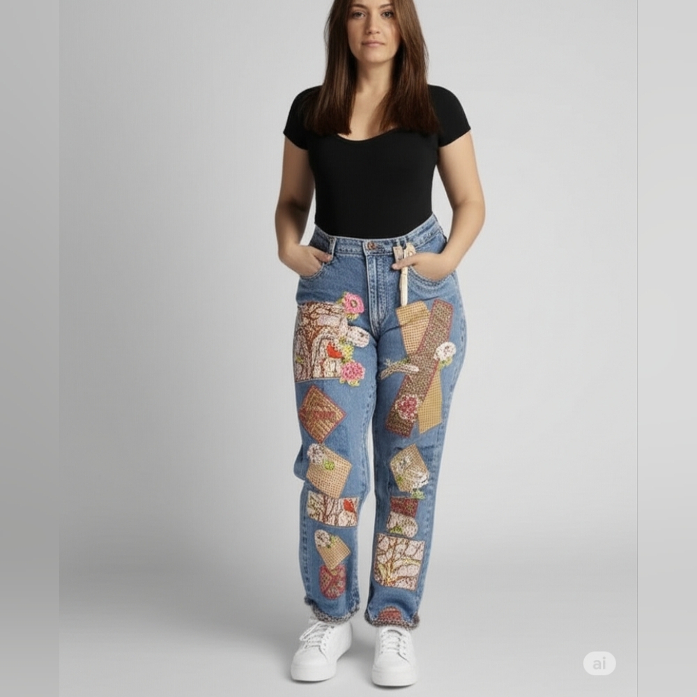 HAND CRAFTED Jeans UPCYCLED Blue Denim Patchwork Bird Floral Applique Size 10 - Picture 3 of 17